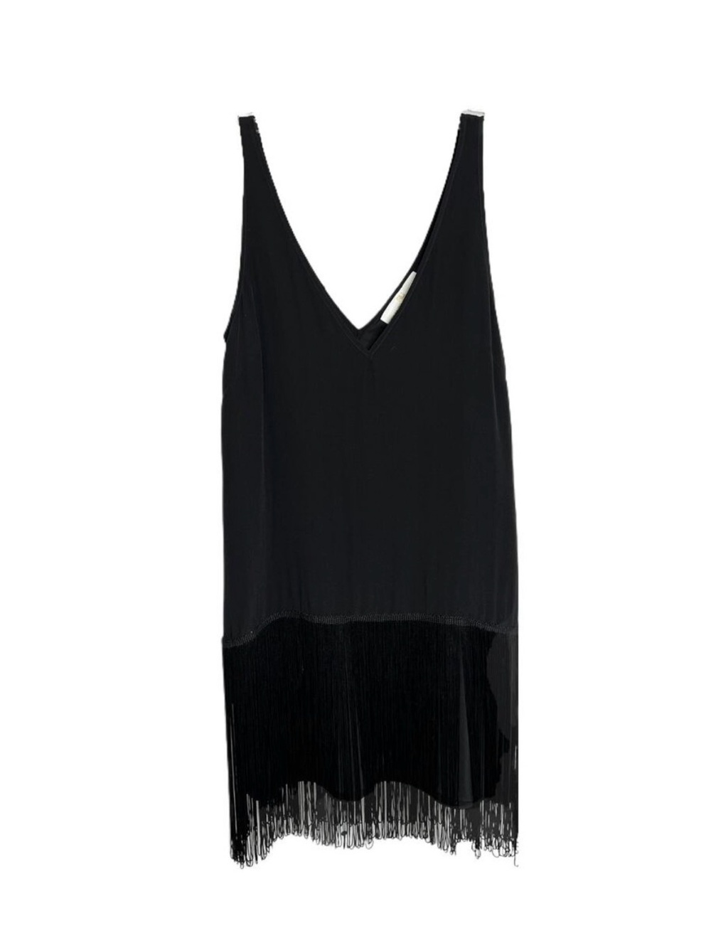 Amanda Uprichard Women Sz S Belladonna Mini Dress Black Fringe V-Neck Poly Silk